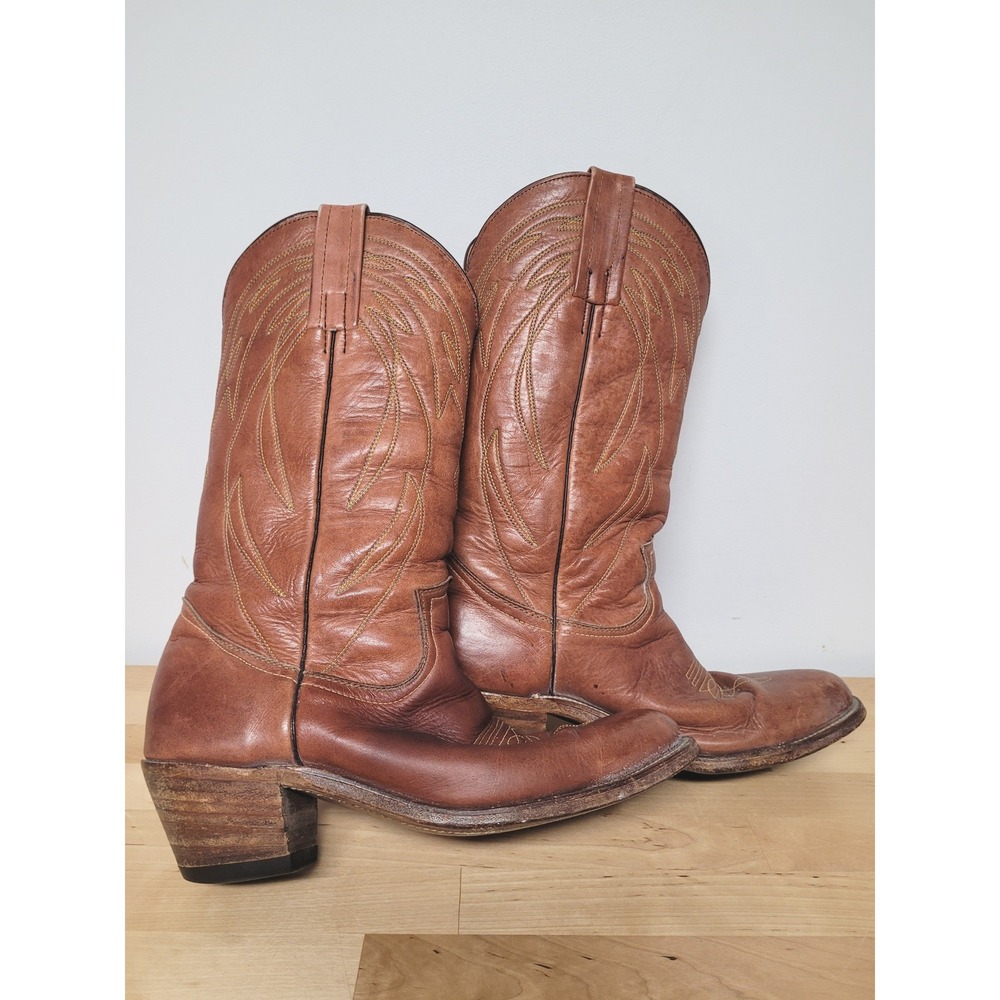 Vintage Frye Cowboy Boots Mens 8.5 D Brown Leather Western Stitch 2320 USA Made